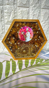 Resin 8inch Hexagonal Frame with Yellow flowers and couple Photo and Name and Date and Keleera  with LED light Varmala Preservation