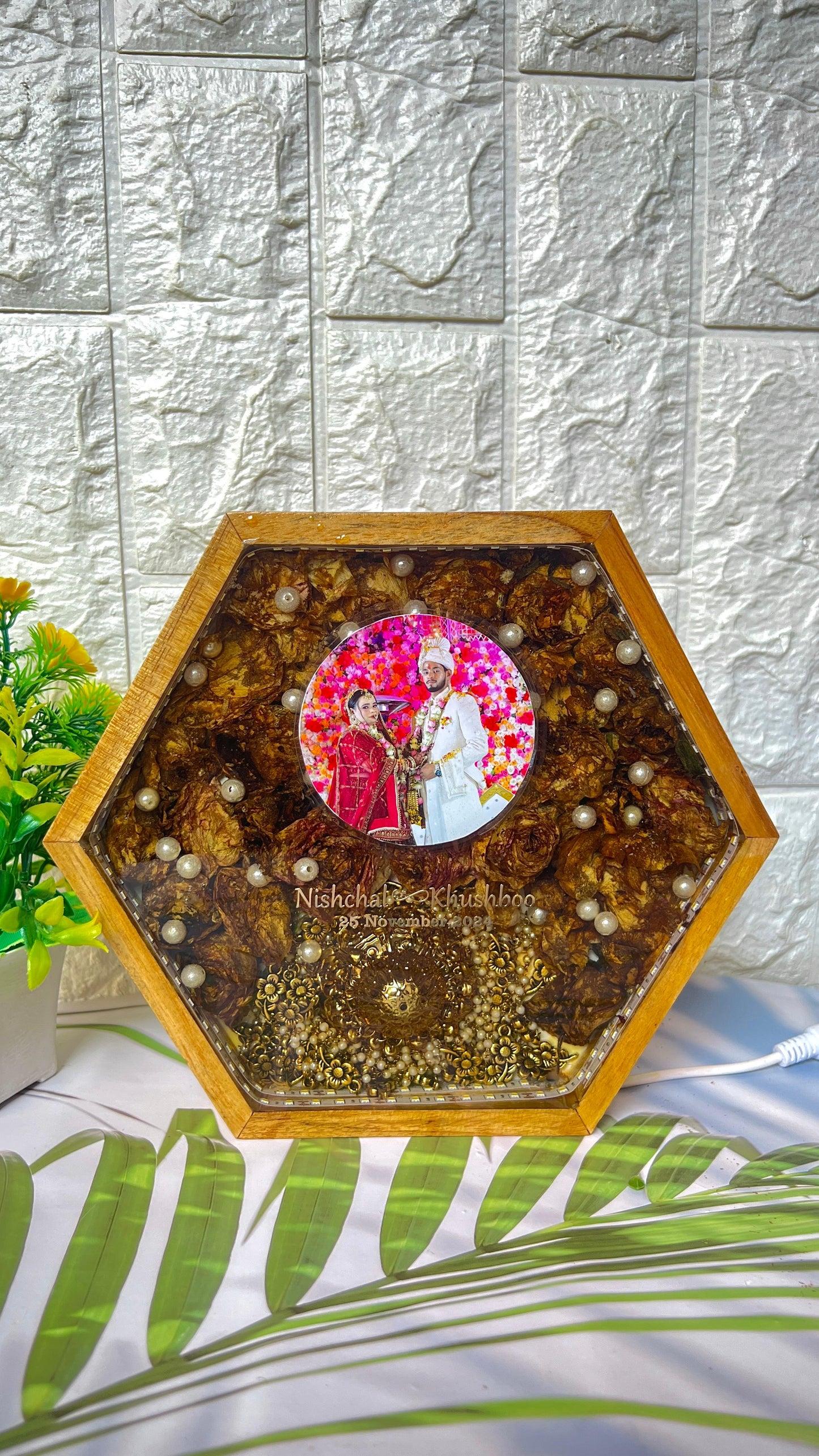 Resin 8inch Hexagonal Frame with Yellow flowers and couple Photo and Name and Date and Keleera  with LED light Varmala Preservation