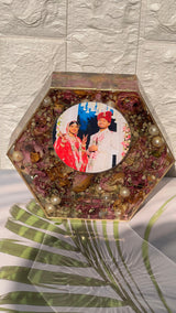 Resin 8inch Pink flowers with Couple Name and Photo With Memoreis Varmala Preservation