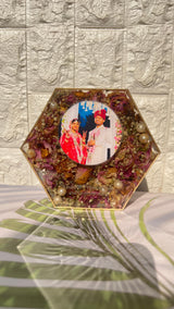 Resin 8inch Pink flowers with Couple Name and Photo With Memoreis Varmala Preservation
