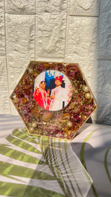 Resin 8inch Pink flowers with Couple Name and Photo With Memoreis Varmala Preservation