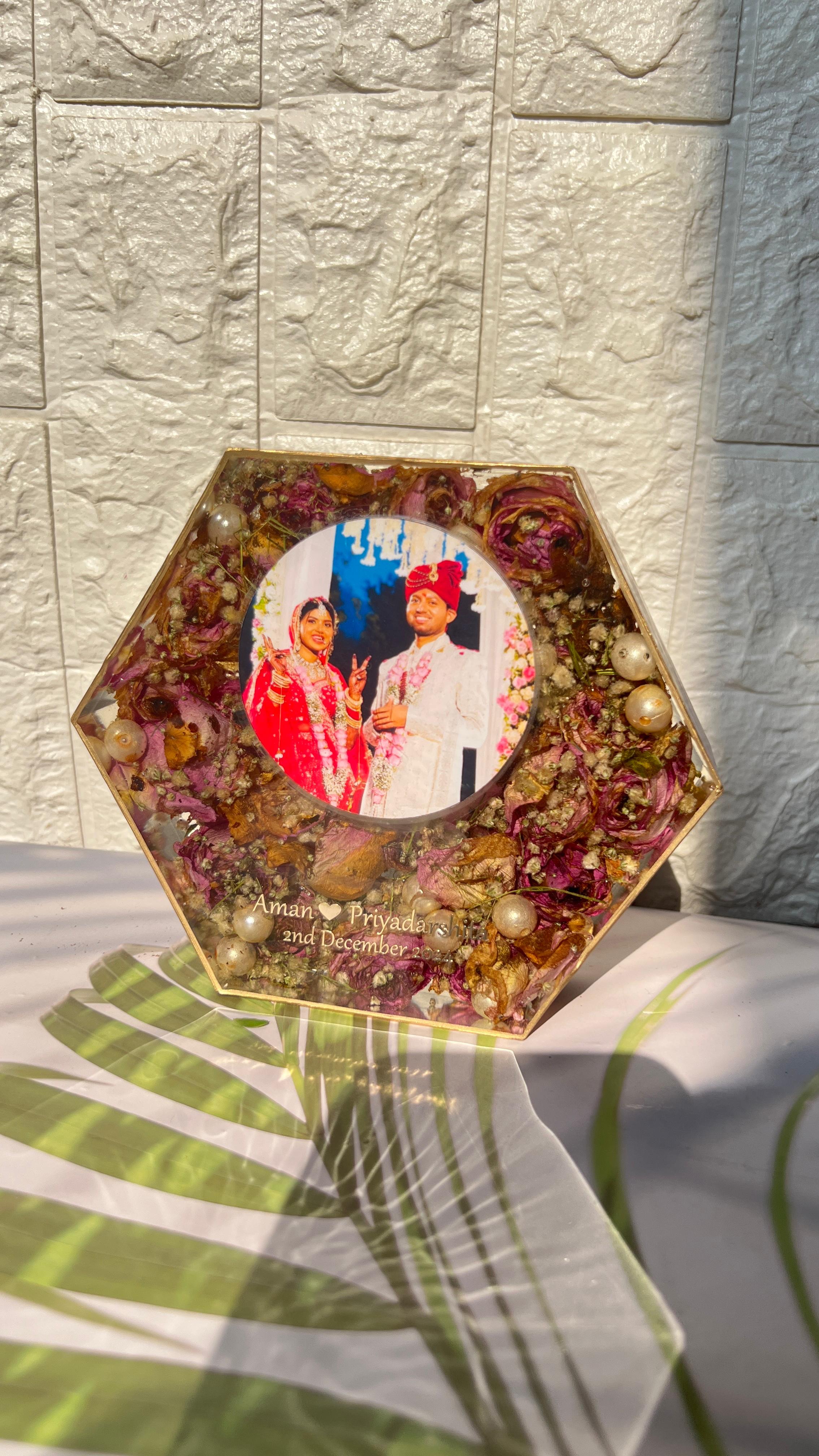Resin 8inch Pink flowers with Couple Name and Photo With Memoreis Varmala Preservation
