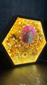 LED Hexagonal Wooden Frame with Preserved Wedding Photo & Flowers (8-Inches)