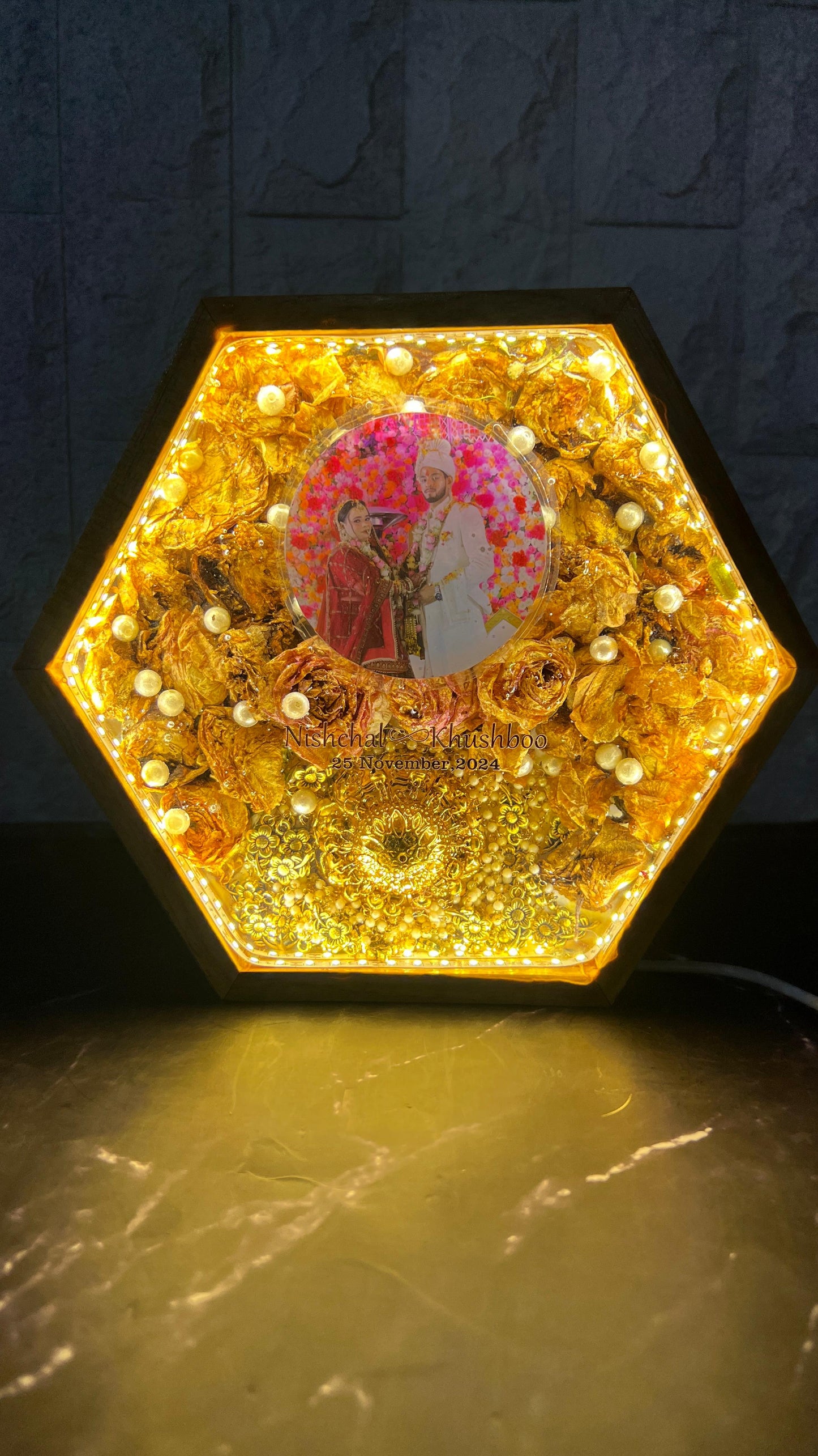 Resin 8inch Hexagonal Frame with Yellow flowers and couple Photo and Name and Date and Keleera  with LED light Varmala Preservation