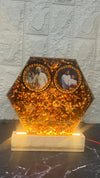 Resin 8inch Hexagonal frame with Couple photo and some Memories itmes and Petals with LED stand Varmala Preservation