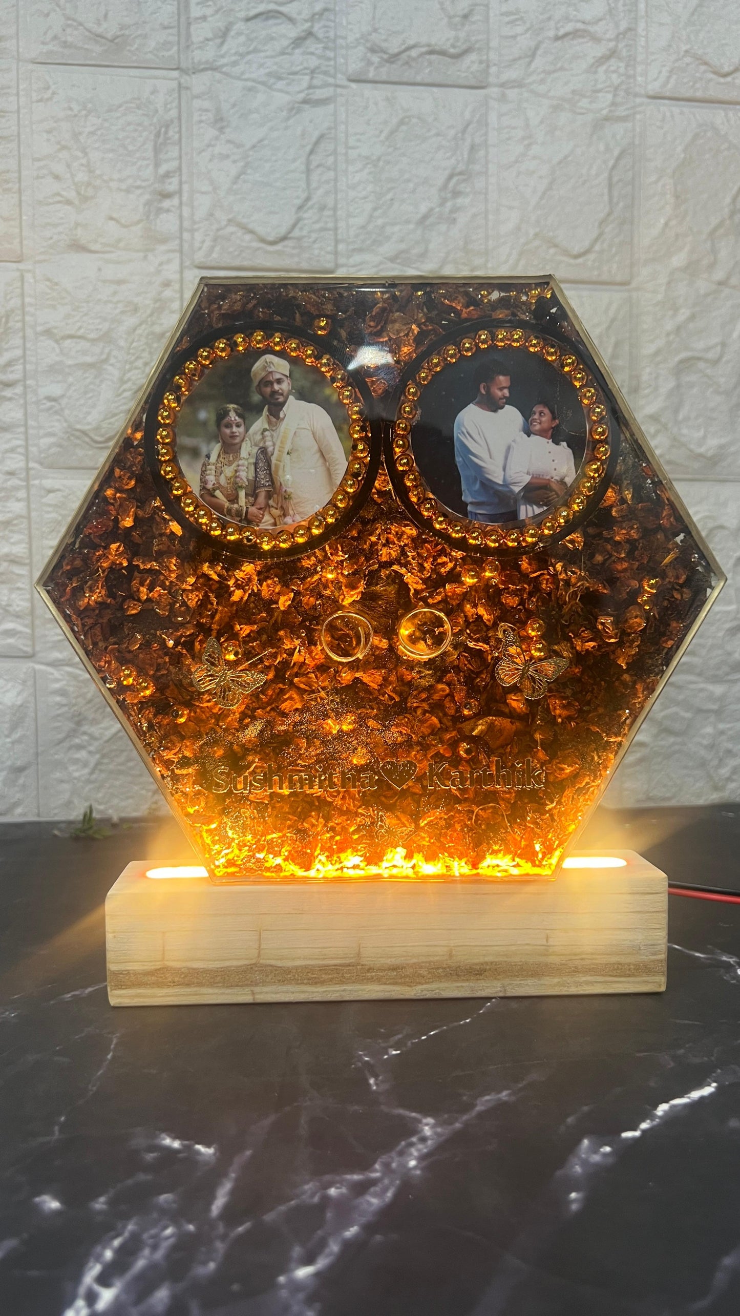 Resin 8inch Hexagonal frame with Couple photo and some Memories itmes and Petals with LED stand Varmala Preservation