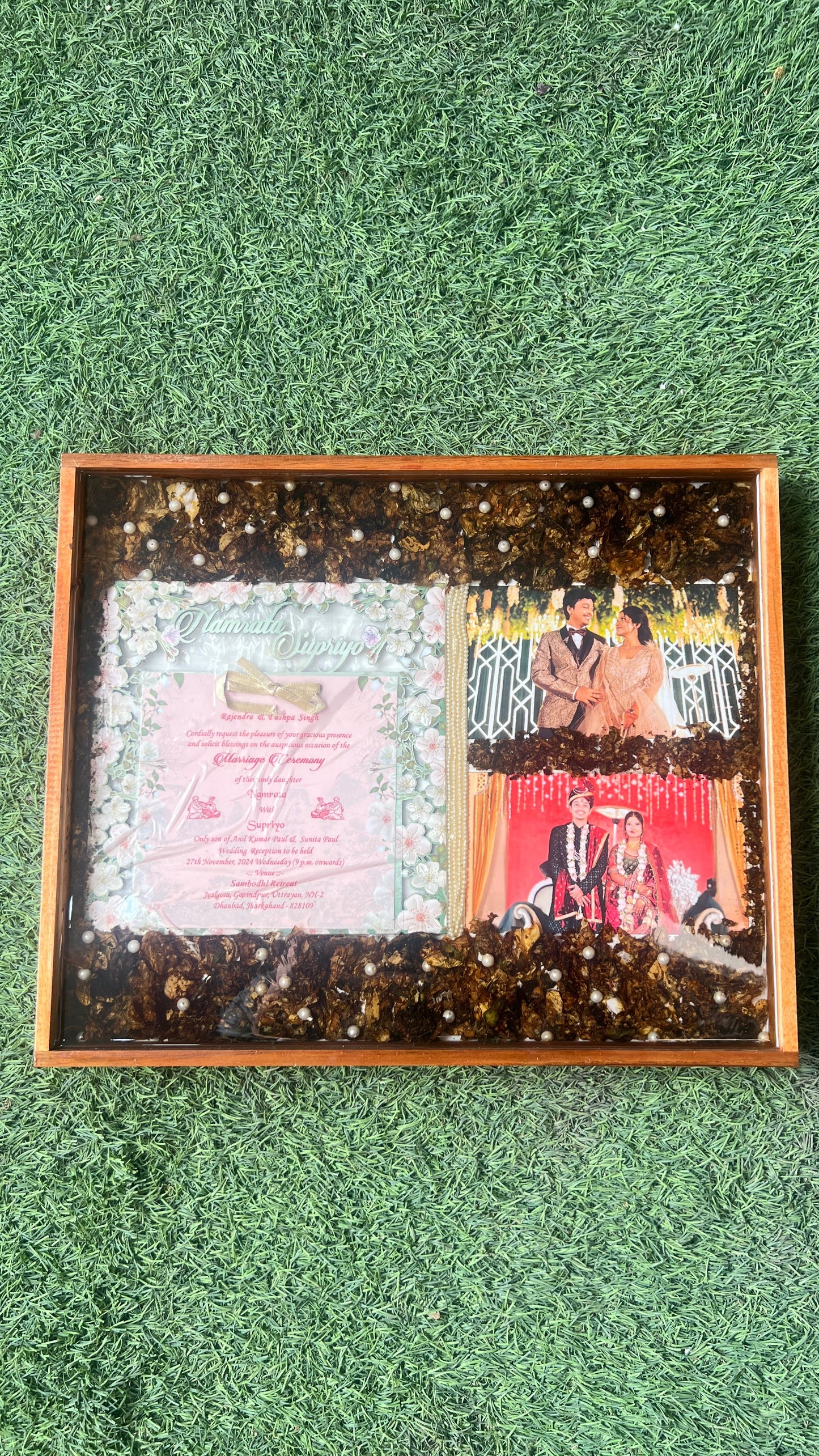 Resin 12 by 15 inch frame with Couple photo and weeding card and Couple Photo with Flowers petals and pearls Varmala preservation