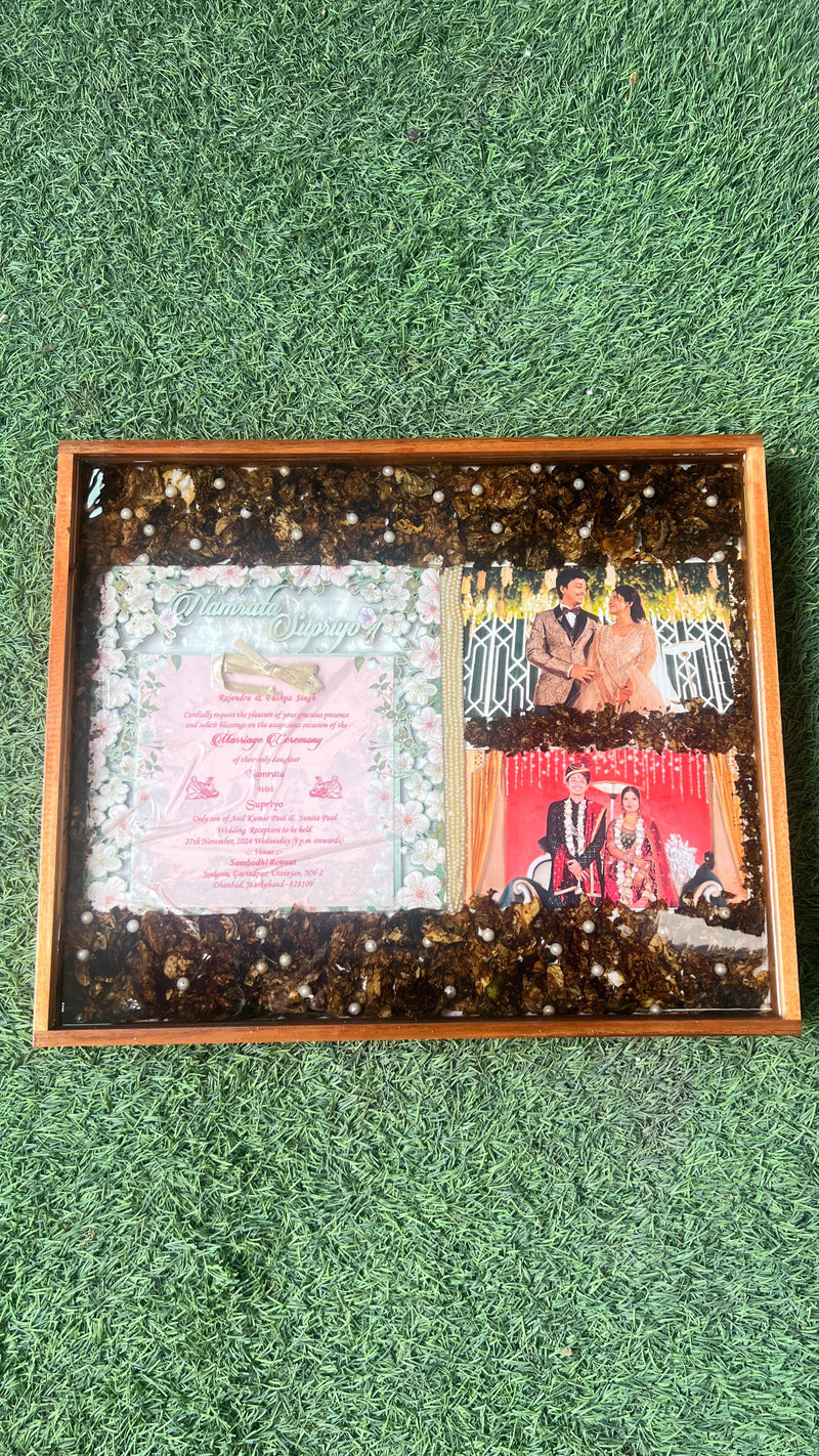 Resin 12 by 15 inch frame with Couple photo and weeding card and Couple Photo with Flowers petals and pearls Varmala preservation