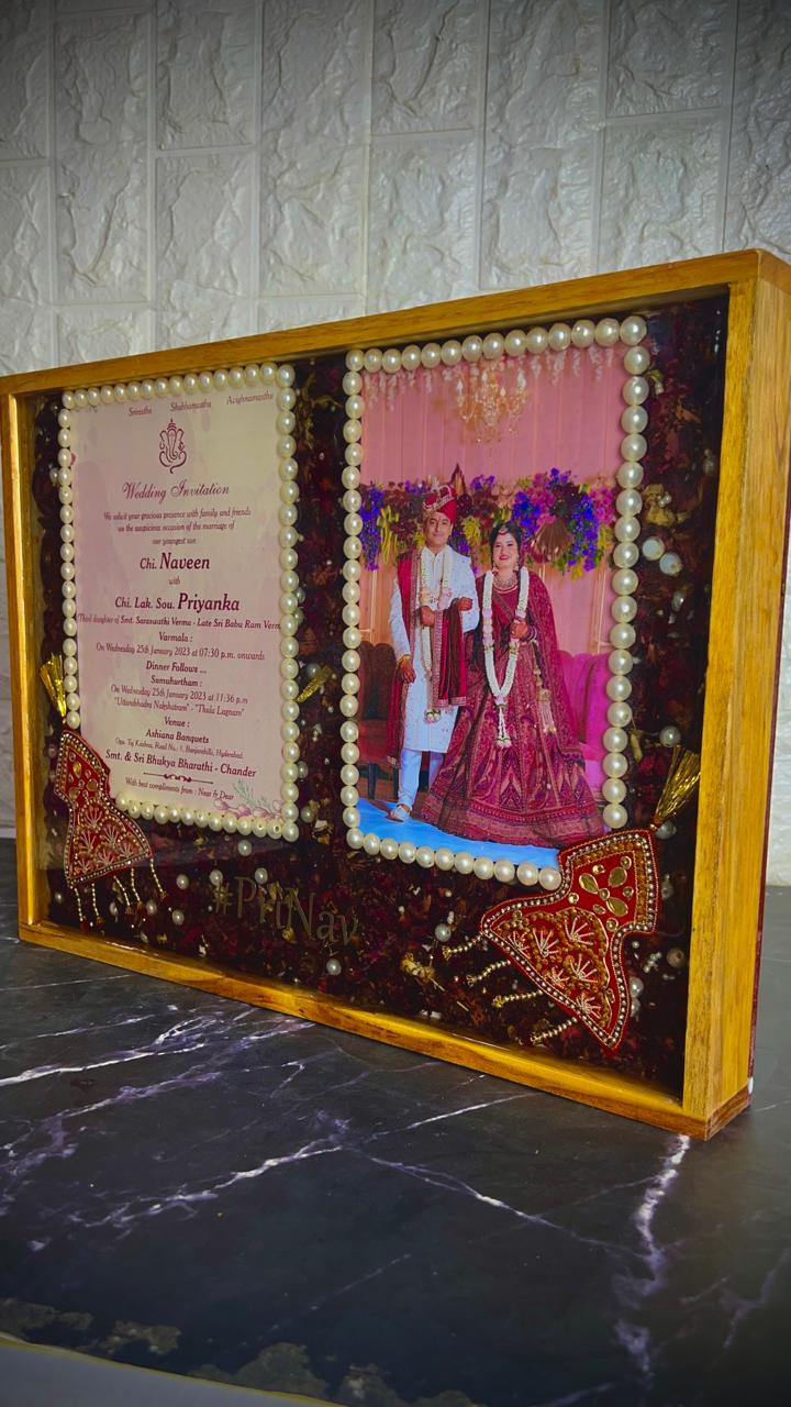 Resin 12 by 16 inch Frame with Red Petals and Couple Weeding Card and Photo with Pearls Border Varmala Preservation