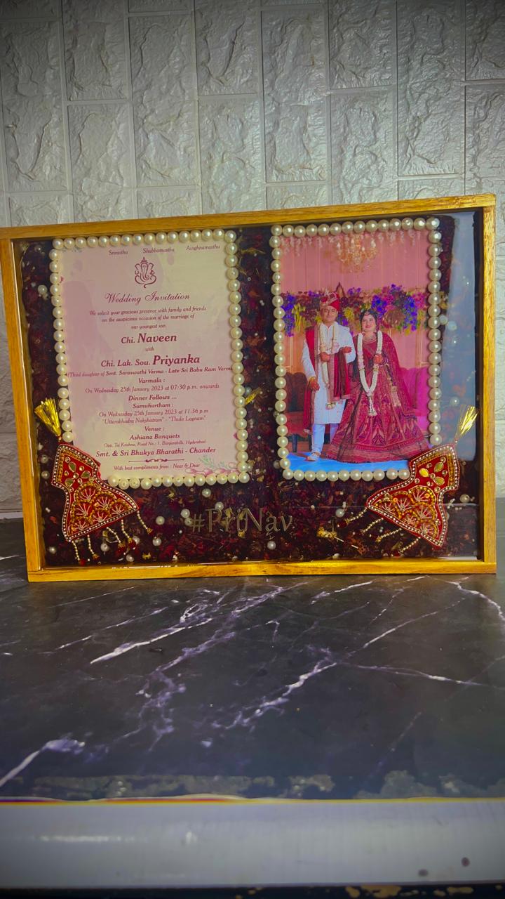 Resin 12 by 16 inch Frame with Red Petals and Couple Weeding Card and Photo with Pearls Border Varmala Preservation