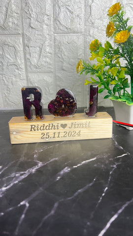 Resin Name initial Lamp with Wooden LED Stand