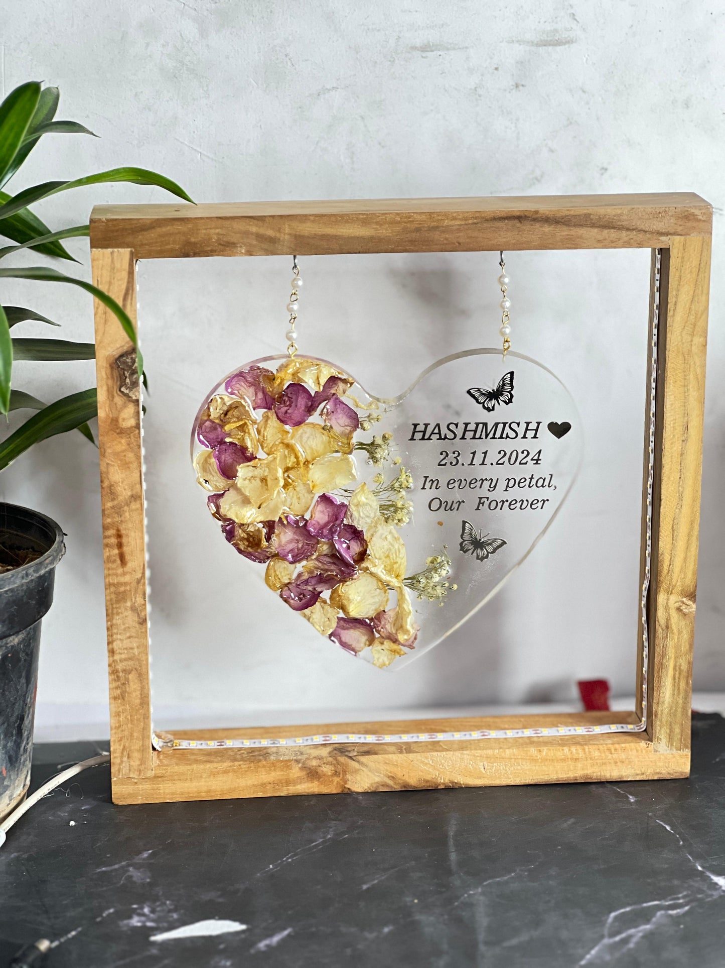 Resin Single Heart Frame With Half side Flowers and Name with LED Varmala Preservation