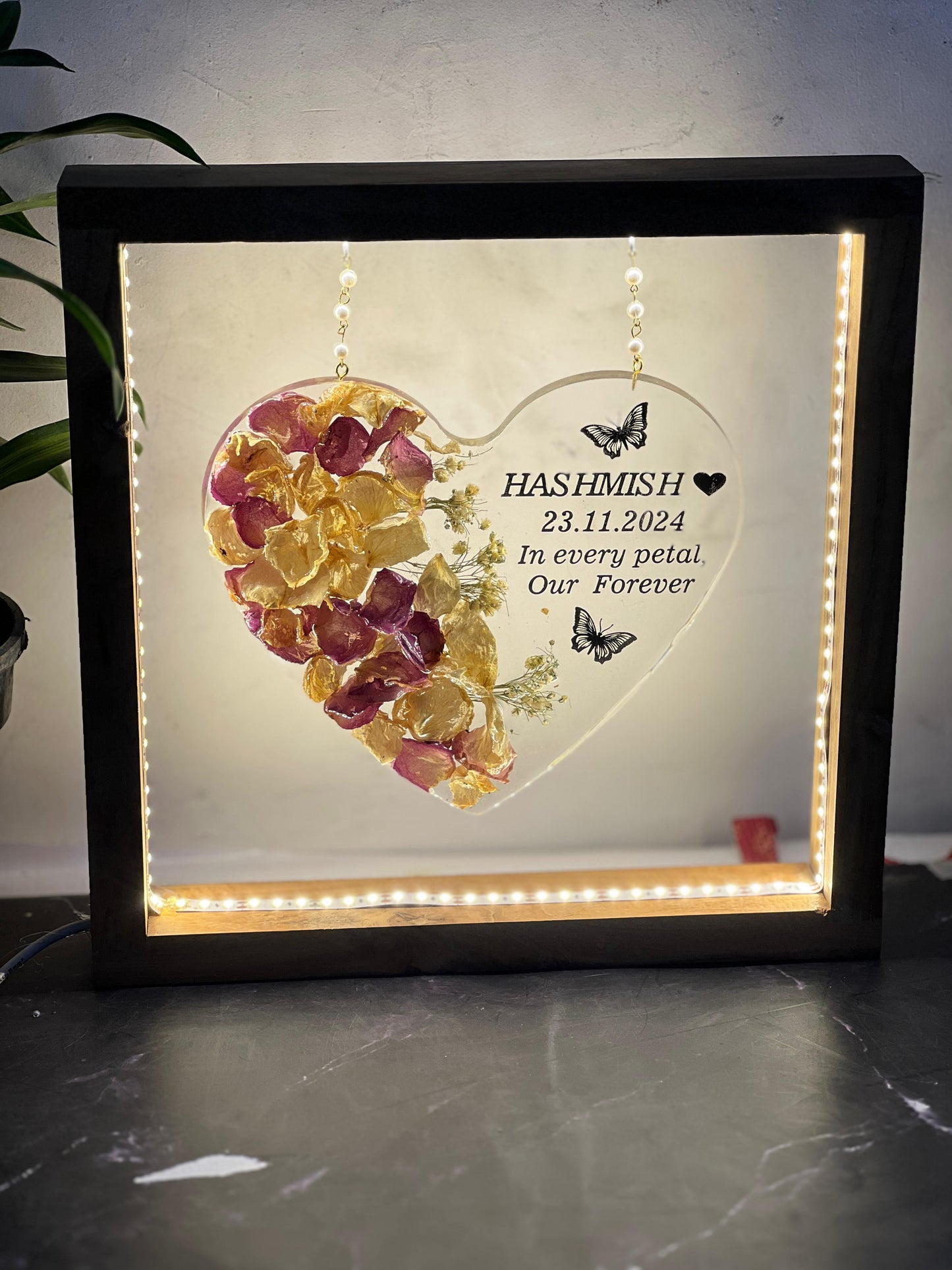 Resin Single Heart Frame With Half side Flowers and Name with LED Varmala Preservation