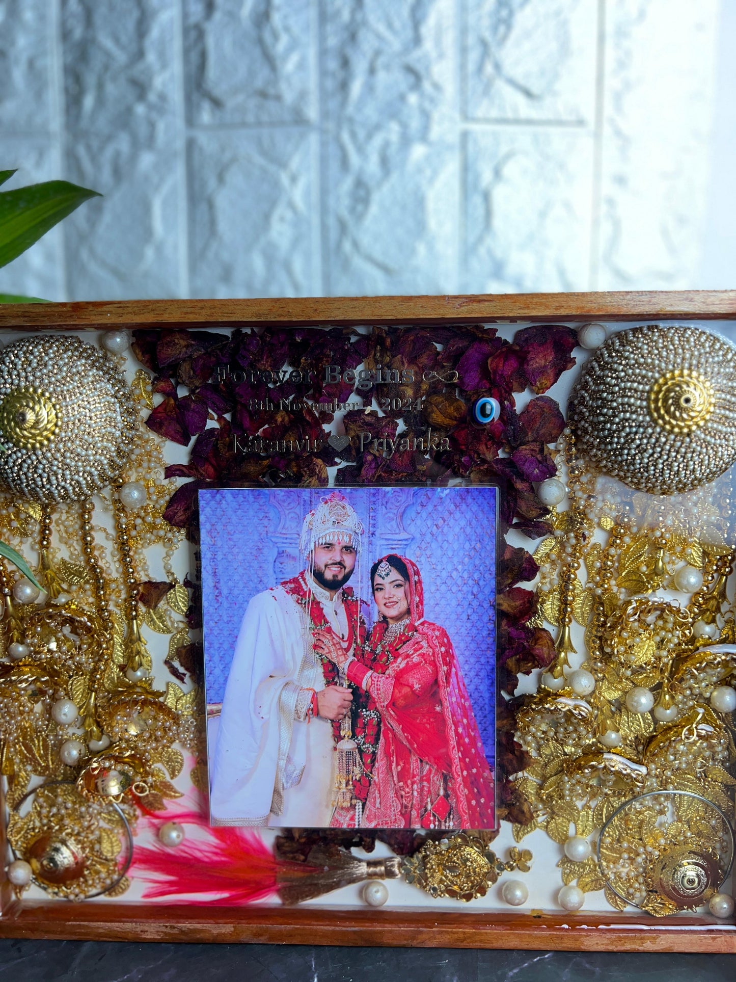 Resin 11 inch by 14 inch Wooden frame with Red petals and Couple photo and Keleera and Kalangi  and Couple Name and Date with Varmala Preservation