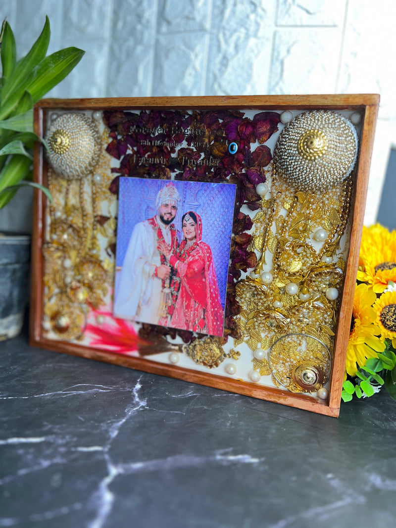 Resin 11 inch by 14 inch Wooden frame with Red petals and Couple photo and Keleera and Kalangi  and Couple Name and Date with Varmala Preservation