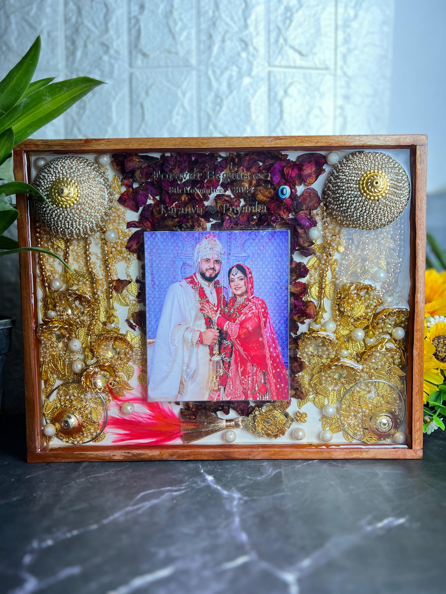 Resin 11 inch by 14 inch Wooden frame with Red petals and Couple photo and Keleera and Kalangi  and Couple Name and Date with Varmala Preservation