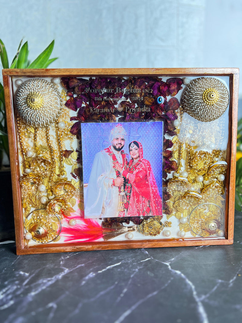 Resin 11 inch by 14 inch Wooden frame with Red petals and Couple photo and Keleera and Kalangi  and Couple Name and Date with Varmala Preservation