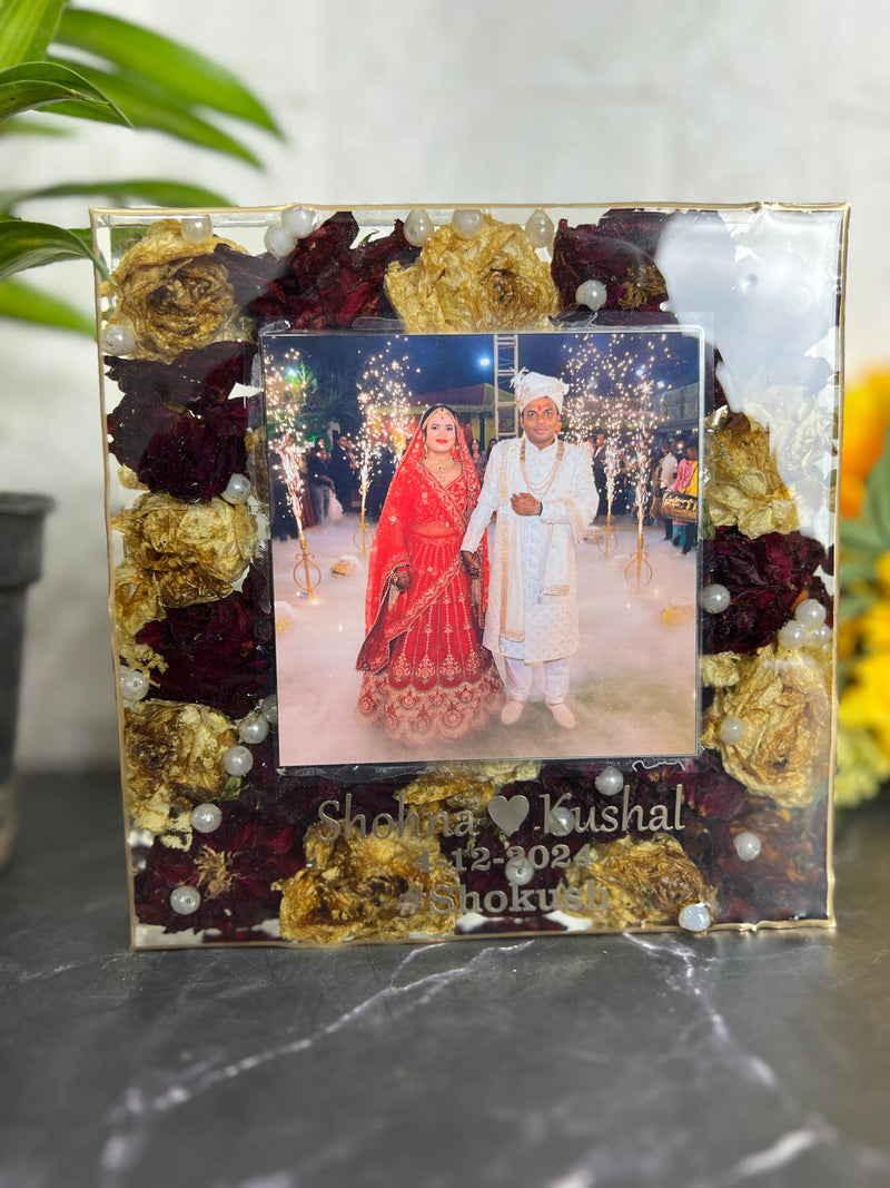 Resin 8inch Square block with Couple Photo and Name with Red & Yellow Flowers with pearls  Varmala Preservation