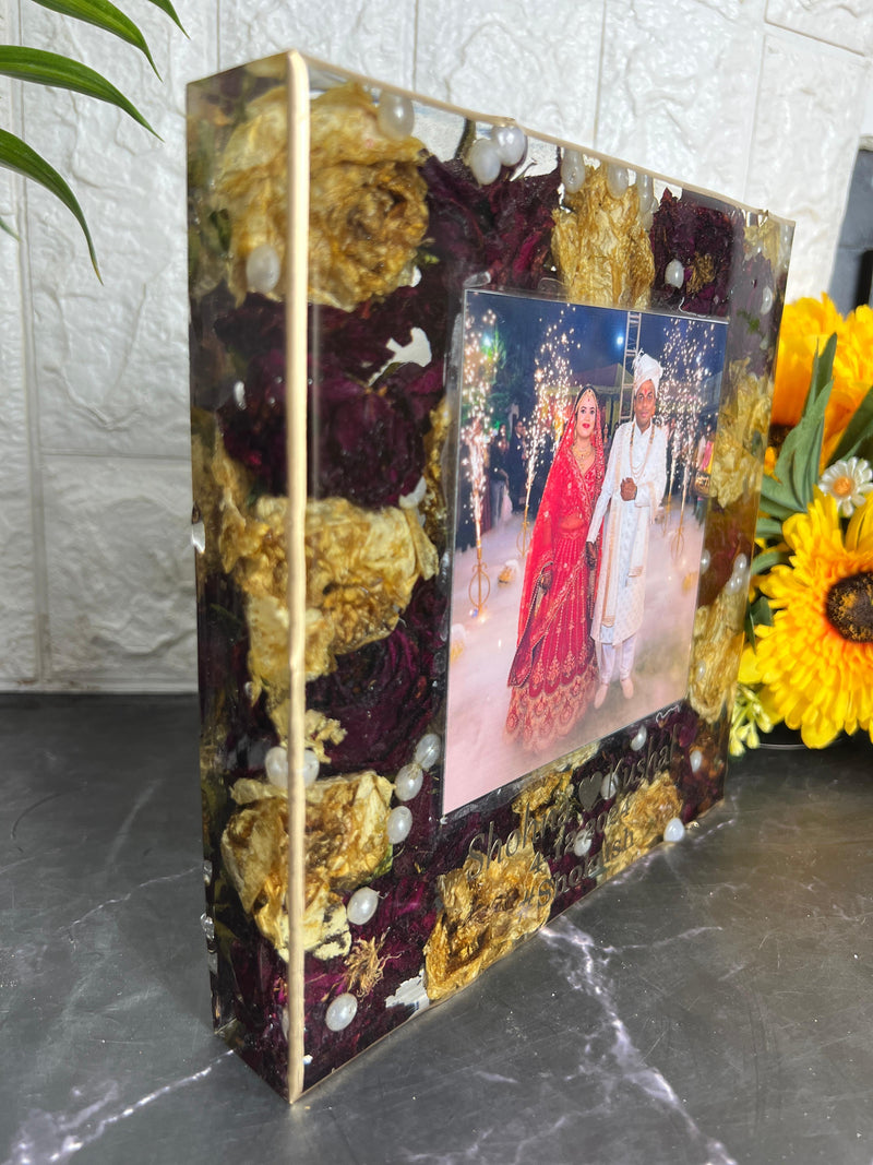 Resin 8inch Square block with Couple Photo and Name with Red & Yellow Flowers with pearls  Varmala Preservation