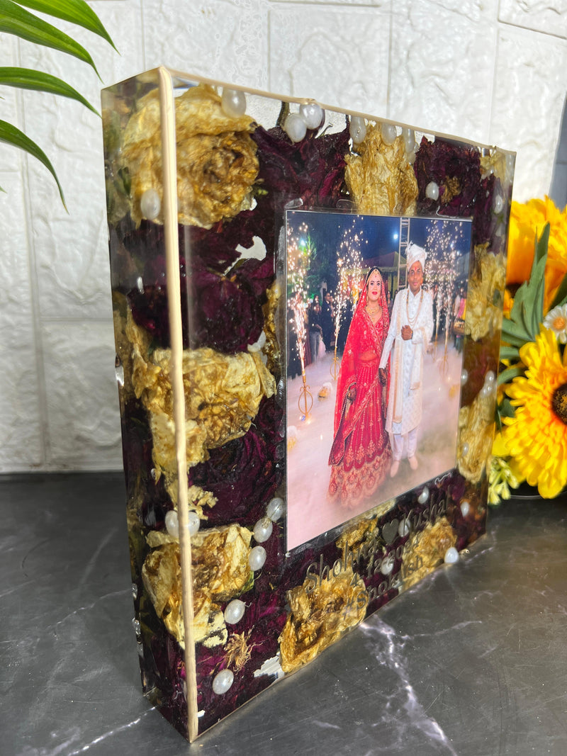 Resin 8inch Square block with Couple Photo and Name with Red & Yellow Flowers with pearls  Varmala Preservation