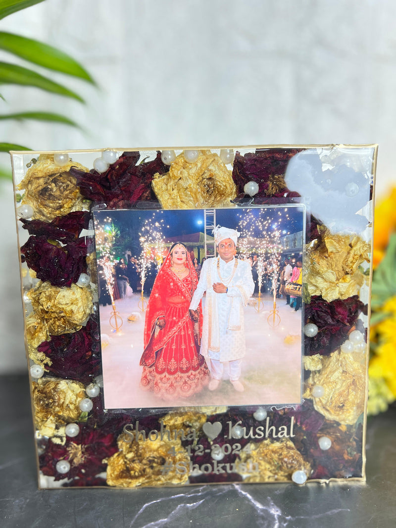 Resin 8inch Square block with Couple Photo and Name with Red & Yellow Flowers with pearls  Varmala Preservation