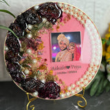 8 inch round varmala preservation table frame with dark roses, pearl edge
