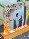 Resin 8inch block with LED stand and Orchid  flower and Couple  photo and Name Date  Varmala Preservation