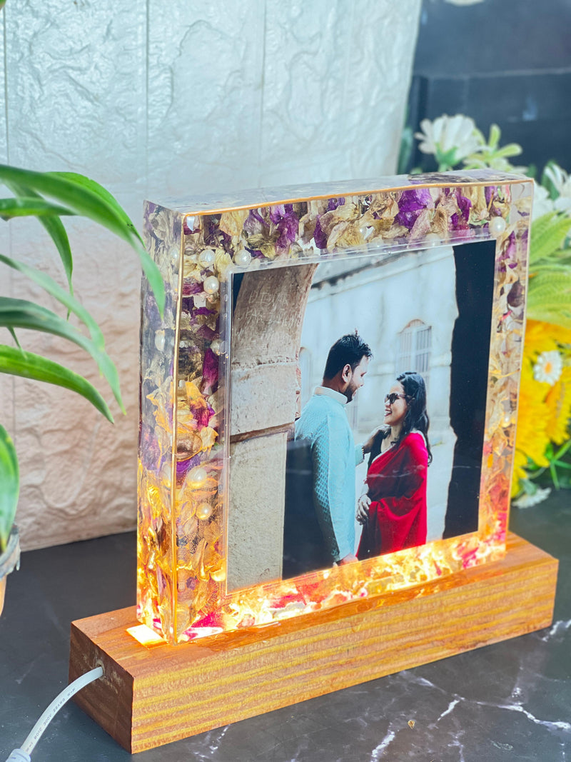 Resin 8inch block with LED stand and Orchid  flower and Couple  photo and Name Date  Varmala Preservation