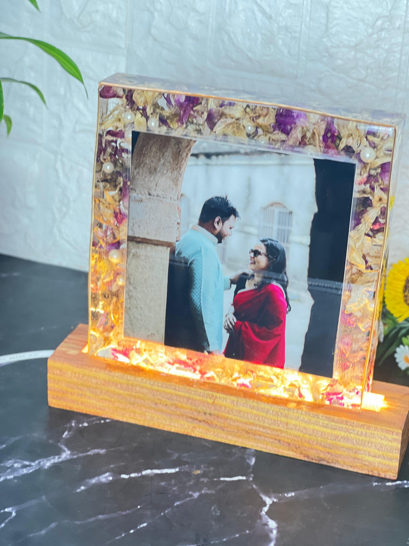 Resin 8inch block with LED stand and Orchid  flower and Couple  photo and Name Date  Varmala Preservation