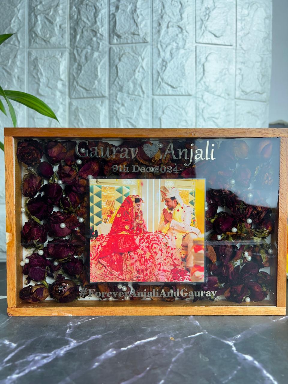 Resin 8inch by 12inch with Red flowers and Petals with Pearls with Couple photo and Name & Date  Varmala Preservation