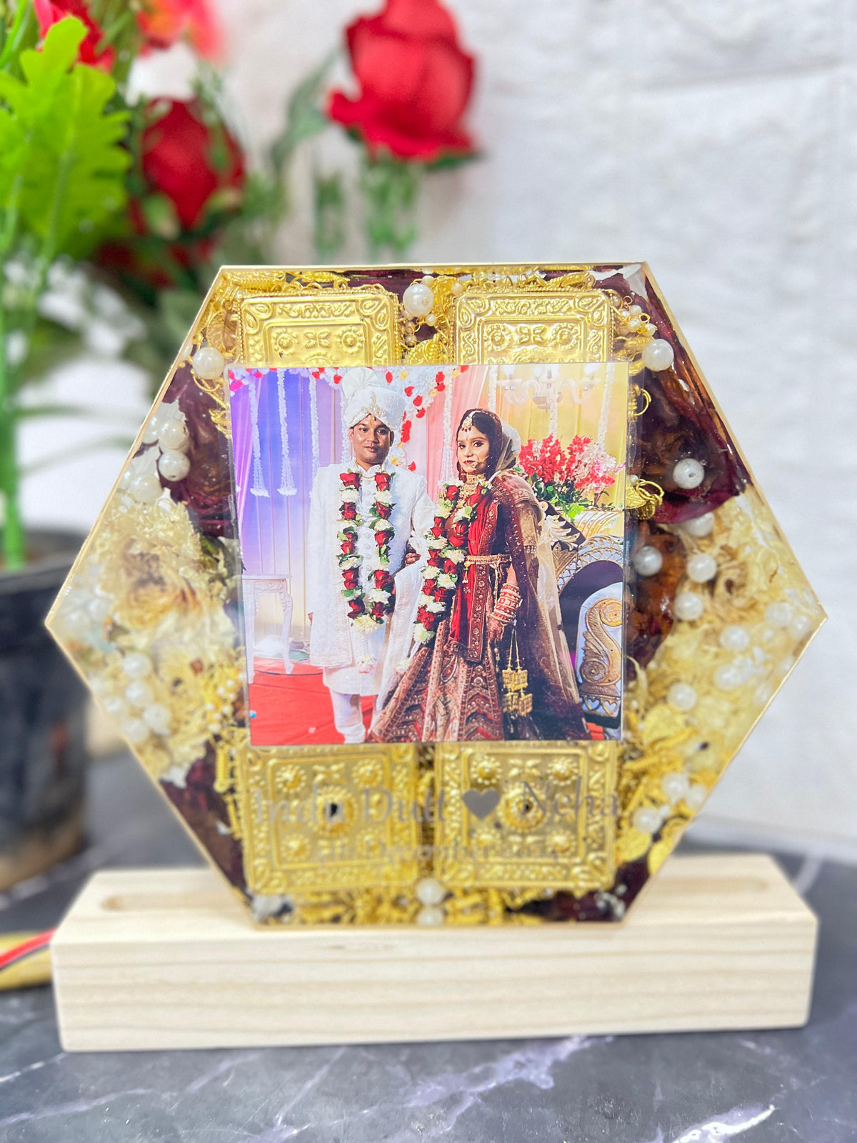 Wedding Garland Resin Preservation in Hexagonal LED Frame (8-Inches)
