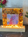 Resin 8inch square with LED connection Couple Name and Photo with Pearls Varmala Preservation