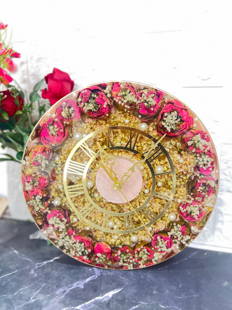 Resin 12inch round deep casting Clock with Lotus Flowers and Pearls with Mogra Flowers Varmala Preservation