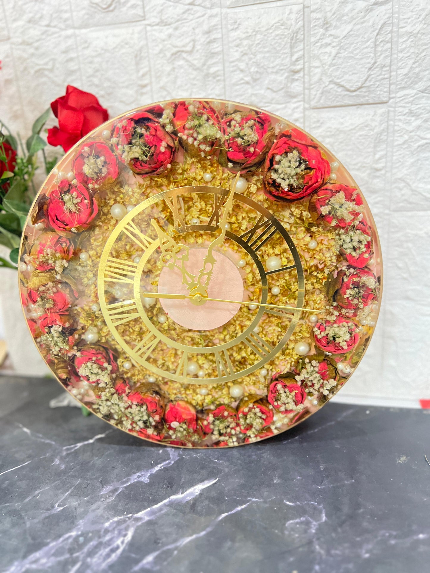 Resin 12inch round deep casting Clock with Lotus Flowers and Pearls with Mogra Flowers Varmala Preservation