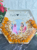 10 inch hexagon varmala preservation frame with white flowers, names
