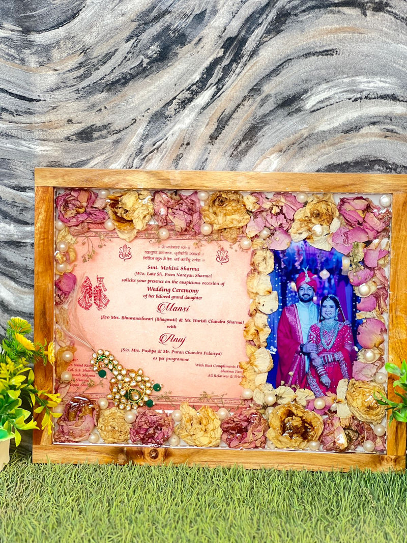 Resin 12 by 15 inch frame with Yellow & pink Flowers with Couple photo and Weeding card  Varmala Preservation