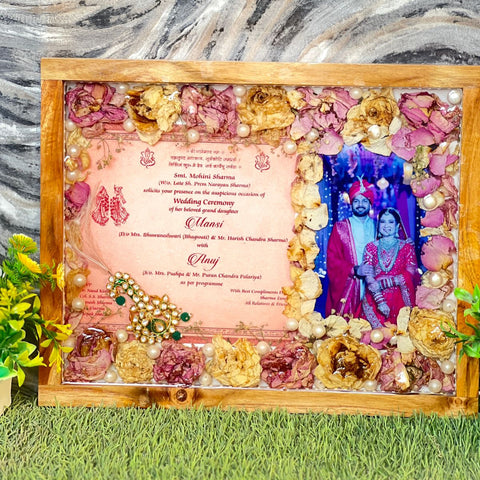 Resin 12 by 15 inch frame with Yellow & pink Flowers with Couple photo and Weeding card  Varmala Preservation