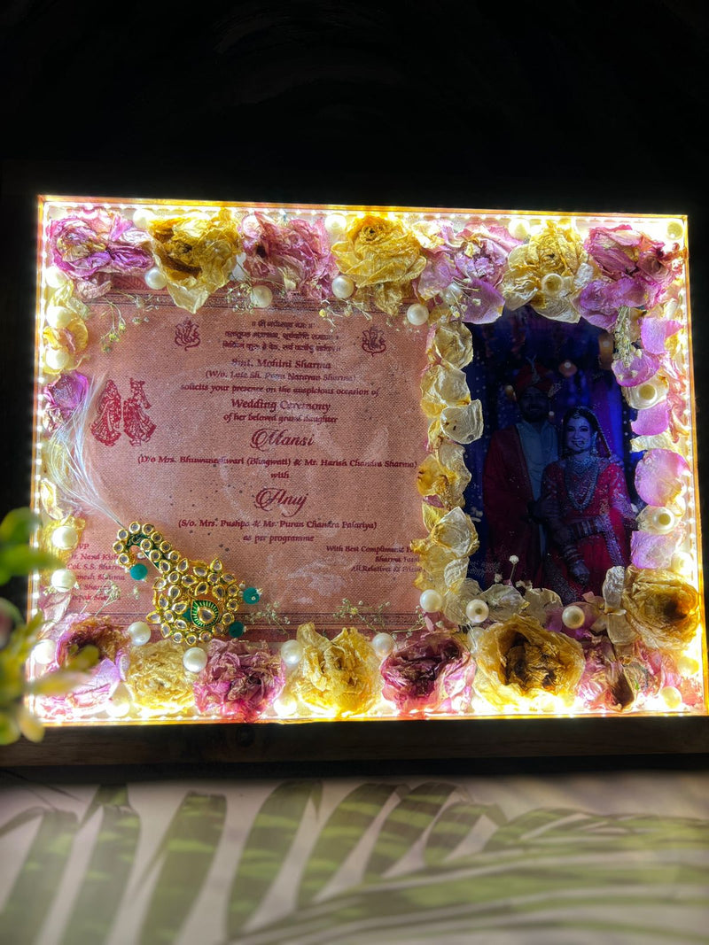 Resin 12 by 15 inch frame with Yellow & pink Flowers with Couple photo and Weeding card  Varmala Preservation