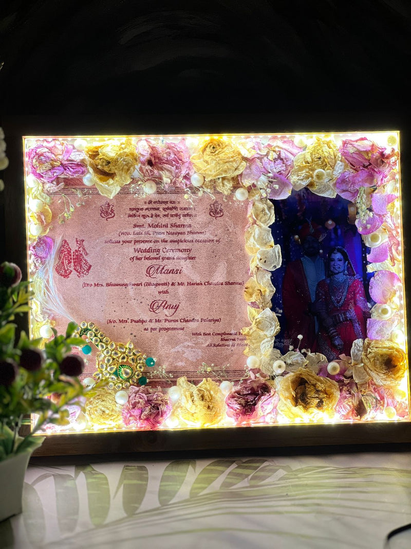 Resin 12 by 15 inch frame with Yellow & pink Flowers with Couple photo and Weeding card  Varmala Preservation