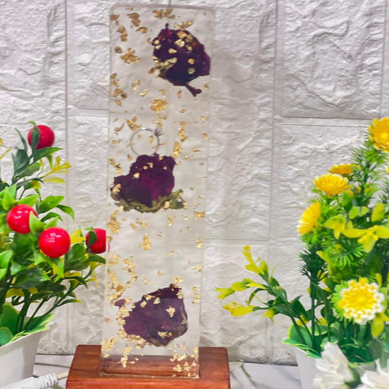 Rectangular Crystal Clear Resin LED Block with Single Rose Preservation