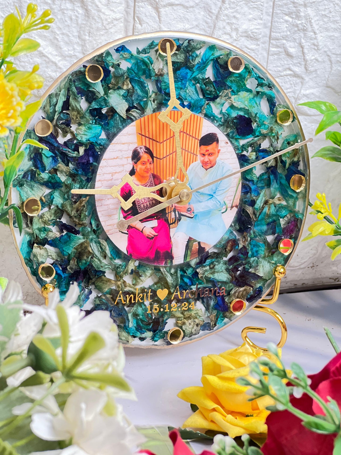 Resin 6inch round with Clock and Orchid Flowers  and couple Photo and Name  Varmala Preservation