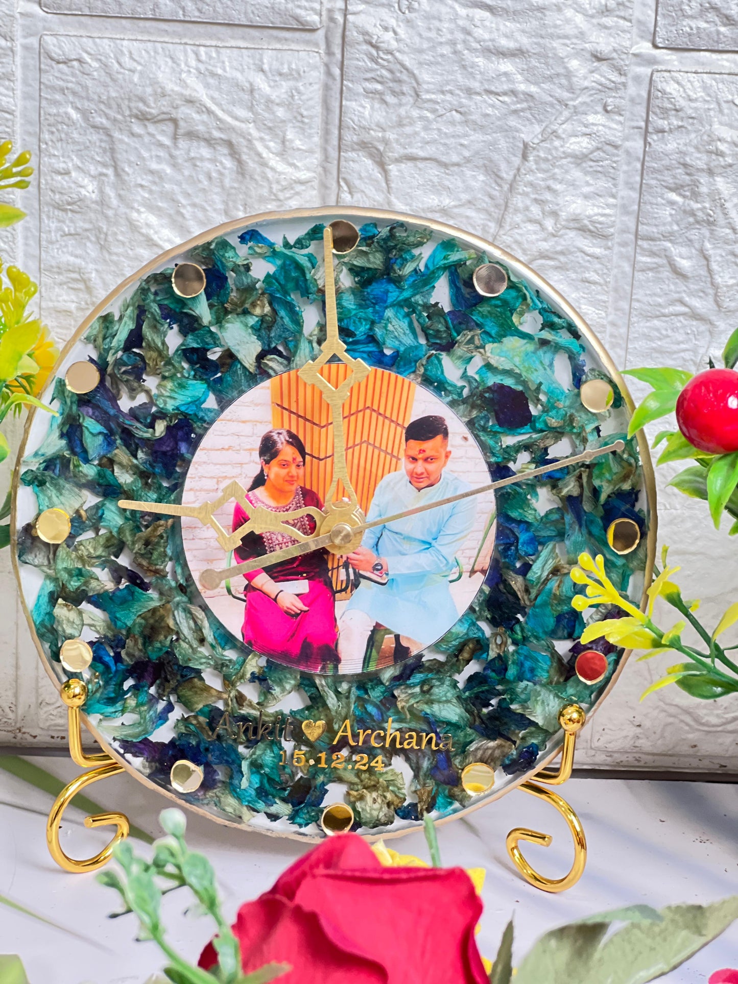 Resin 6inch round with Clock and Orchid Flowers  and couple Photo and Name  Varmala Preservation