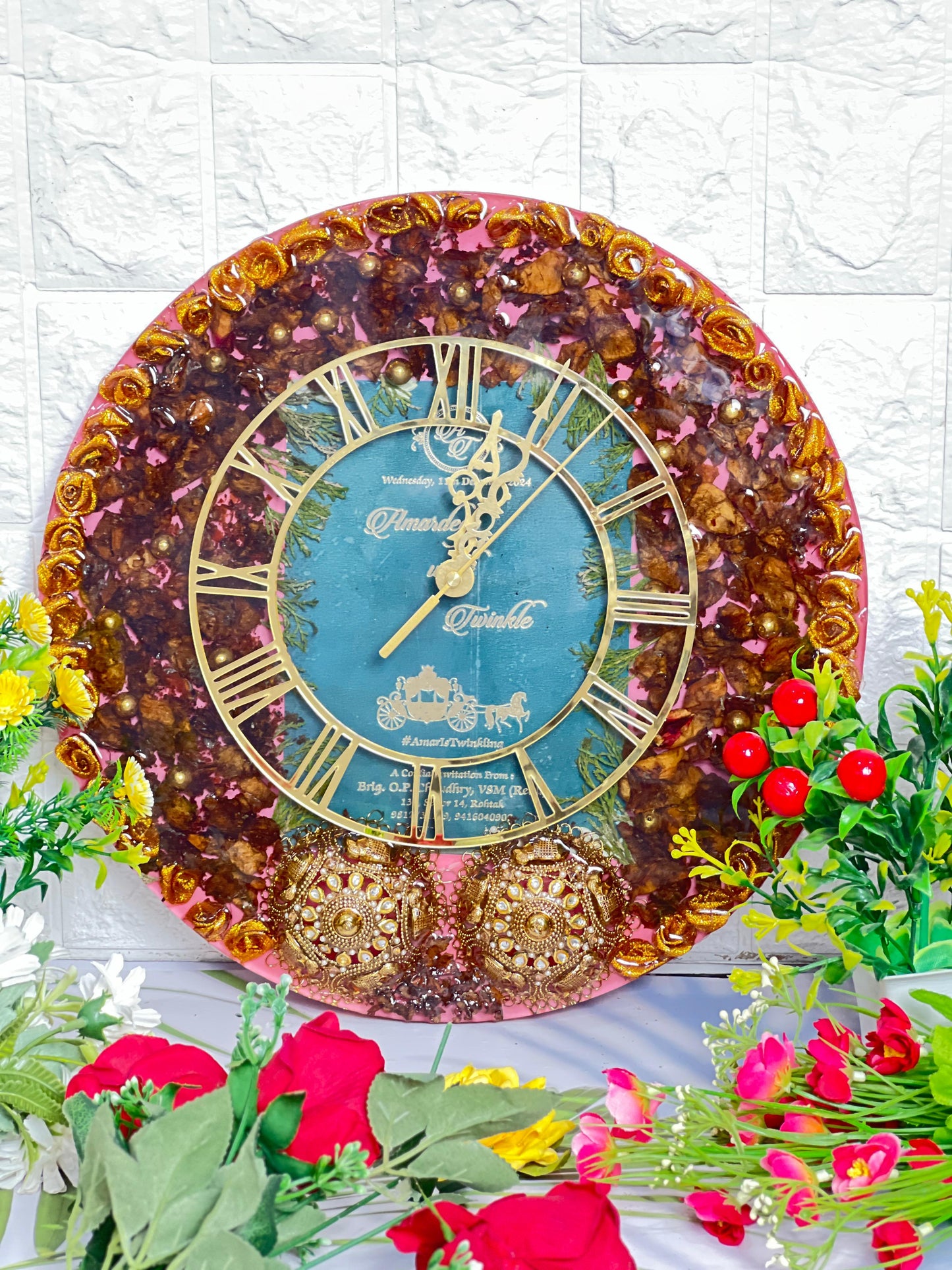 Resin 14inch Round clock with Couple Wedding Card and Keleera with Red Petals  Varmala Preservation