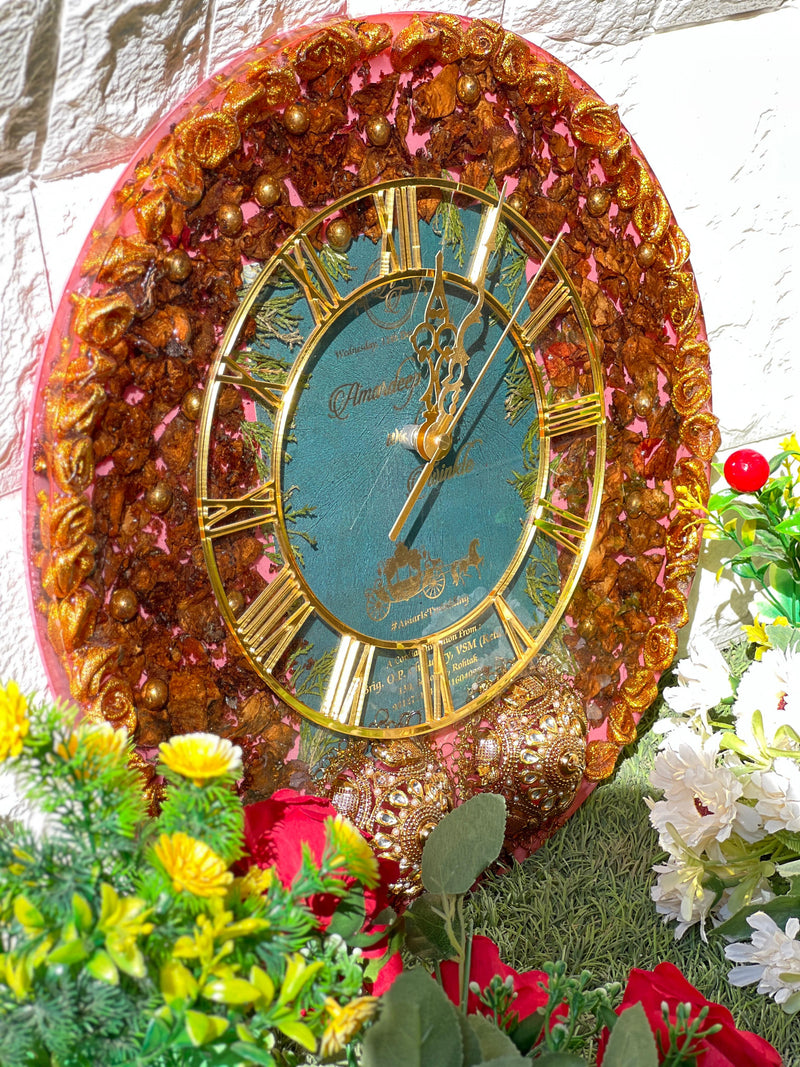 Resin 14inch Round clock with Couple Wedding Card and Keleera with Red Petals  Varmala Preservation