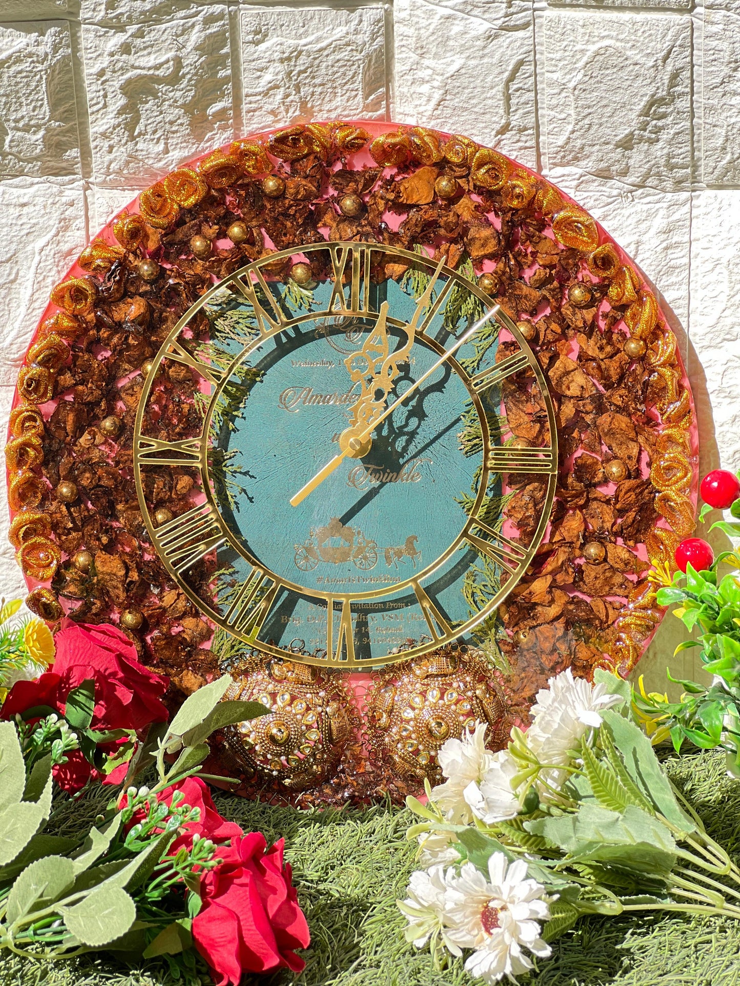 Resin 14inch Round clock with Couple Wedding Card and Keleera with Red Petals  Varmala Preservation