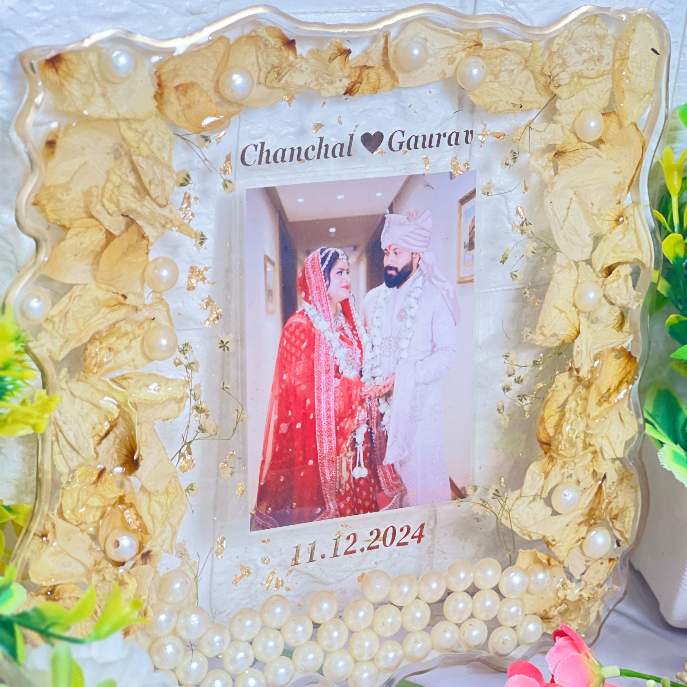 Wedding Jaymala Flowers Preservation in Curve Resin Frame (8-Inches)