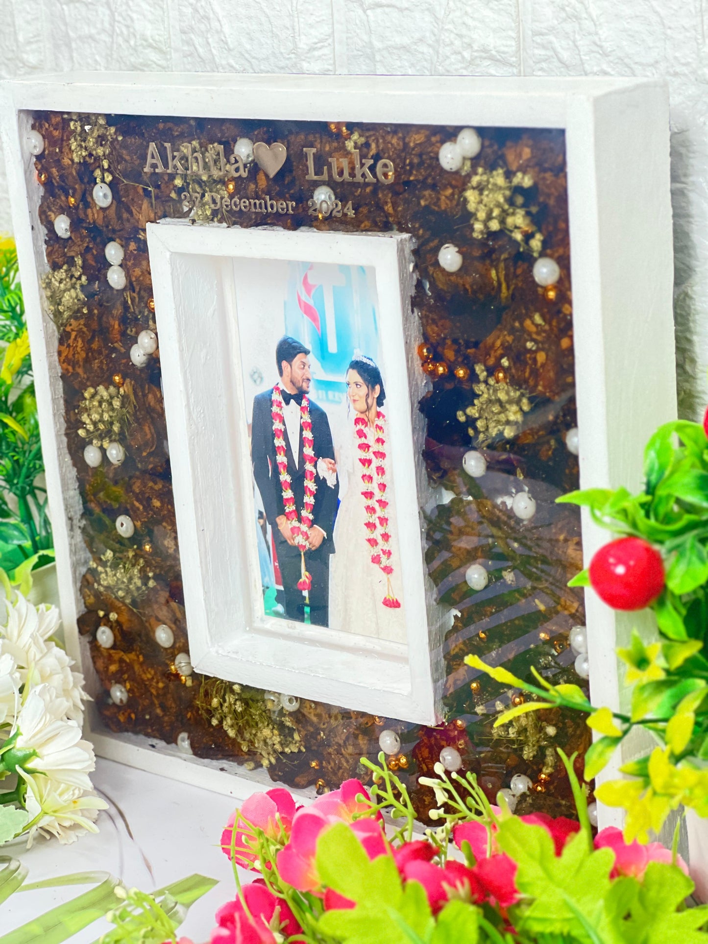 Resin 10 BY 10 inch double frame with couple Photo & Name date with White frame and pearls Full Varmala Preservation