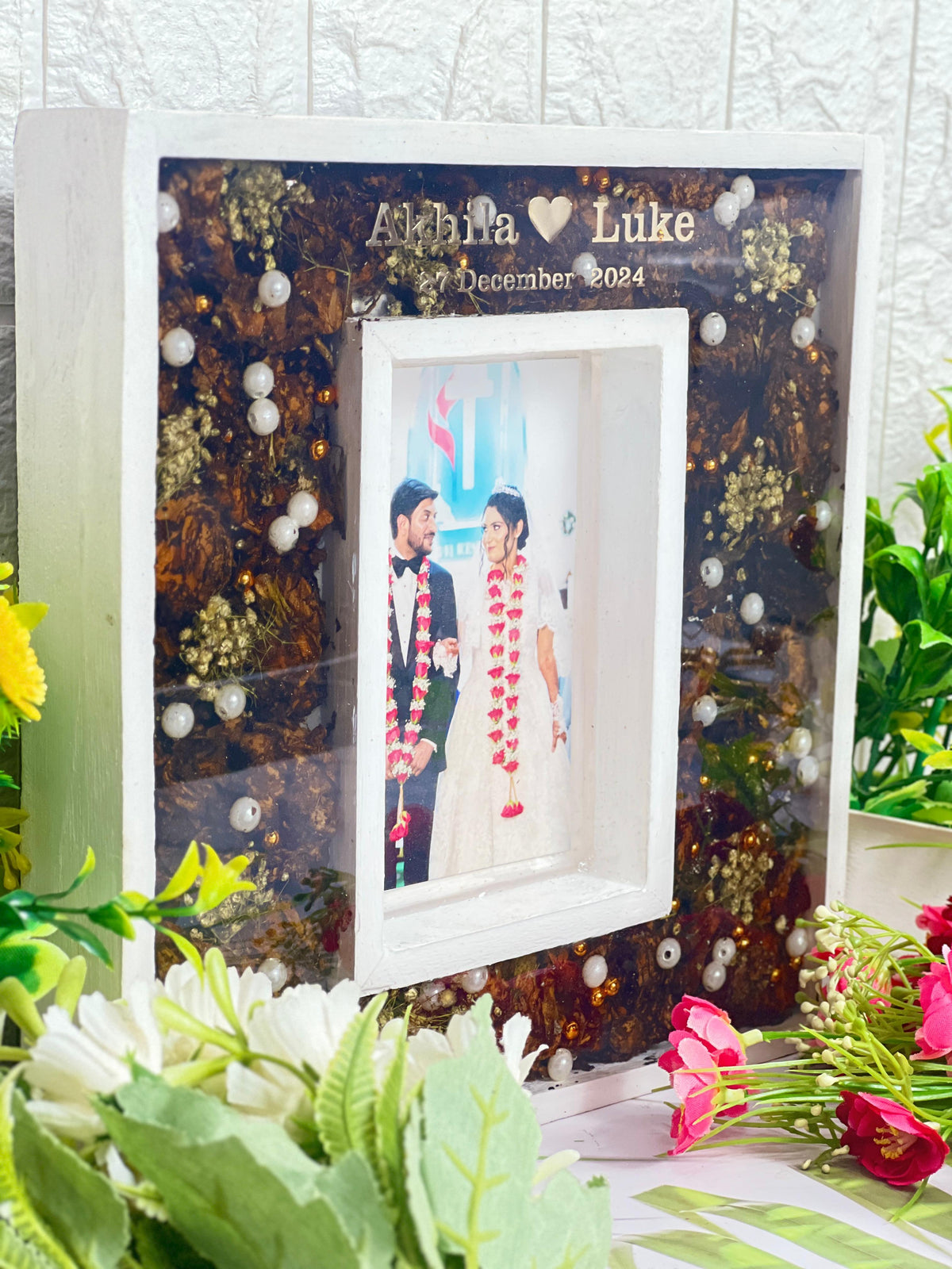 Wedding Varmala Flowers Preservation in Wooden Frame (10 by 10 Inches)