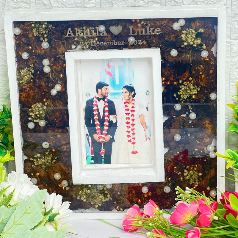 Wedding Varmala Flowers Preservation in Wooden Frame (10 by 10 Inches)