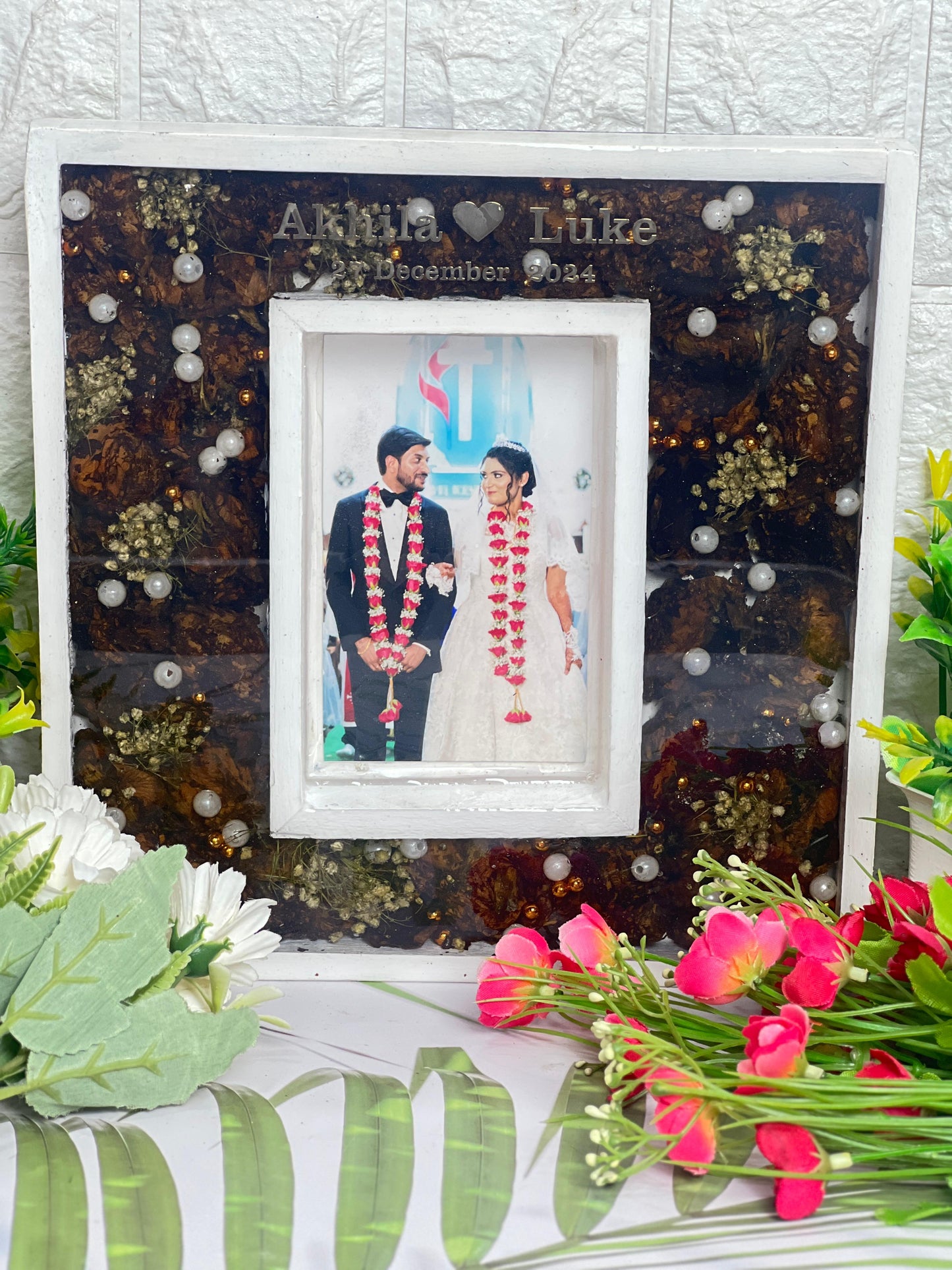 Resin 10 BY 10 inch double frame with couple Photo & Name date with White frame and pearls Full Varmala Preservation